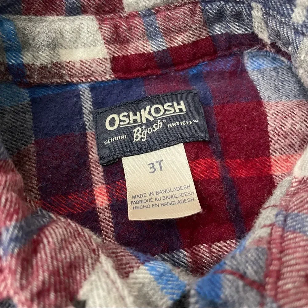 𝅺oshkosh Toddler Red Blue Plaid Long Sleeve Flannel Shirt Size 3T